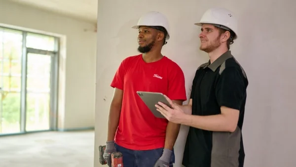 Zwei Bauarbeiter mit weißen Schutzhelmen stehen in einem leeren Raum und besprechen sich, einer hält ein Tablet, der andere eine Bohrmaschine.