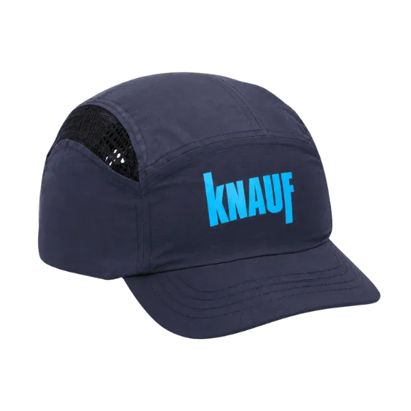 Dunkelblaue Anstoßkappe mit Firmenlogo „Knauf“