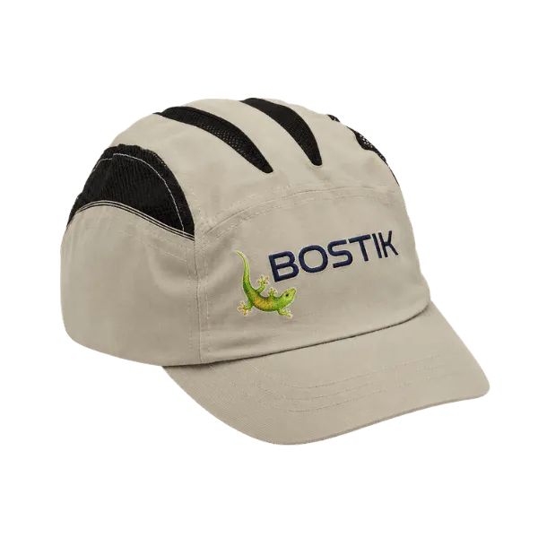 Beige-schwarz gestreifte Anstoßkappe mit Firmenlogo „Bostik“