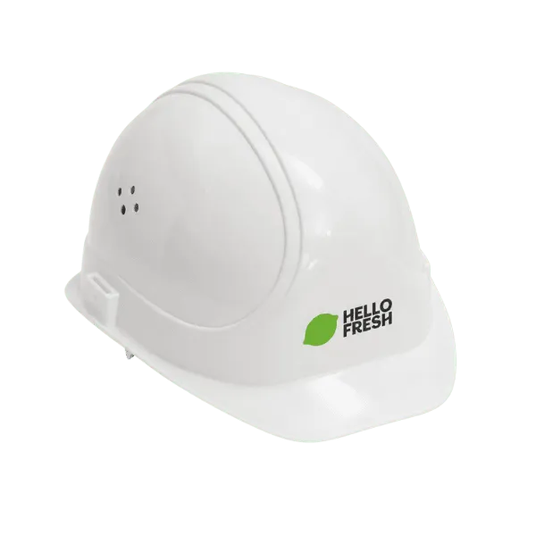 Weißer Schutzhelm mit kleinem grünen Logo, Referenzbeispiel