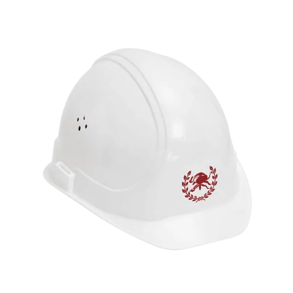 Weißer Schutzhelm mit kleinem roten Logo, Referenzbeispiel