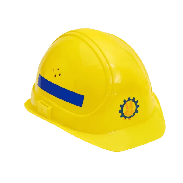 Gelber Schutzhelm mit blauem Streifen und Logo, Referenzbeispiel