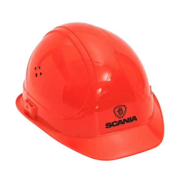 Orangeroter Schutzhelm mit Aufkleber, Referenzbeispiel