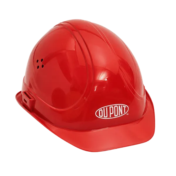 Roter Schutzhelm mit Firmenaufkleber, Referenzbeispiel
