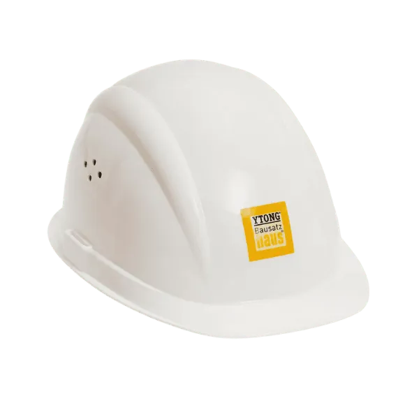 Weißer Schutzhelm mit kleinem gelben Aufkleber, Referenzbeispiel