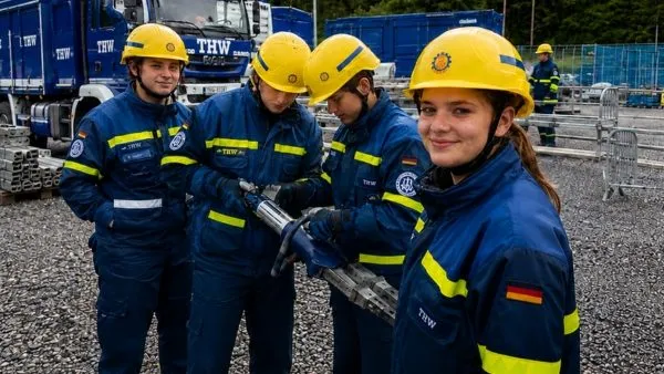 Lächelnde Frau mit weißem Schutzhelm auf einer Baustelle